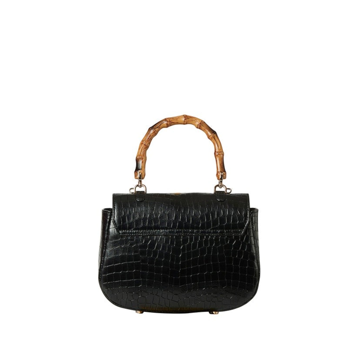 Shop Sarah Stewart Chloe black embossed goat skin suede handbag with a bamboo handle and gold closure