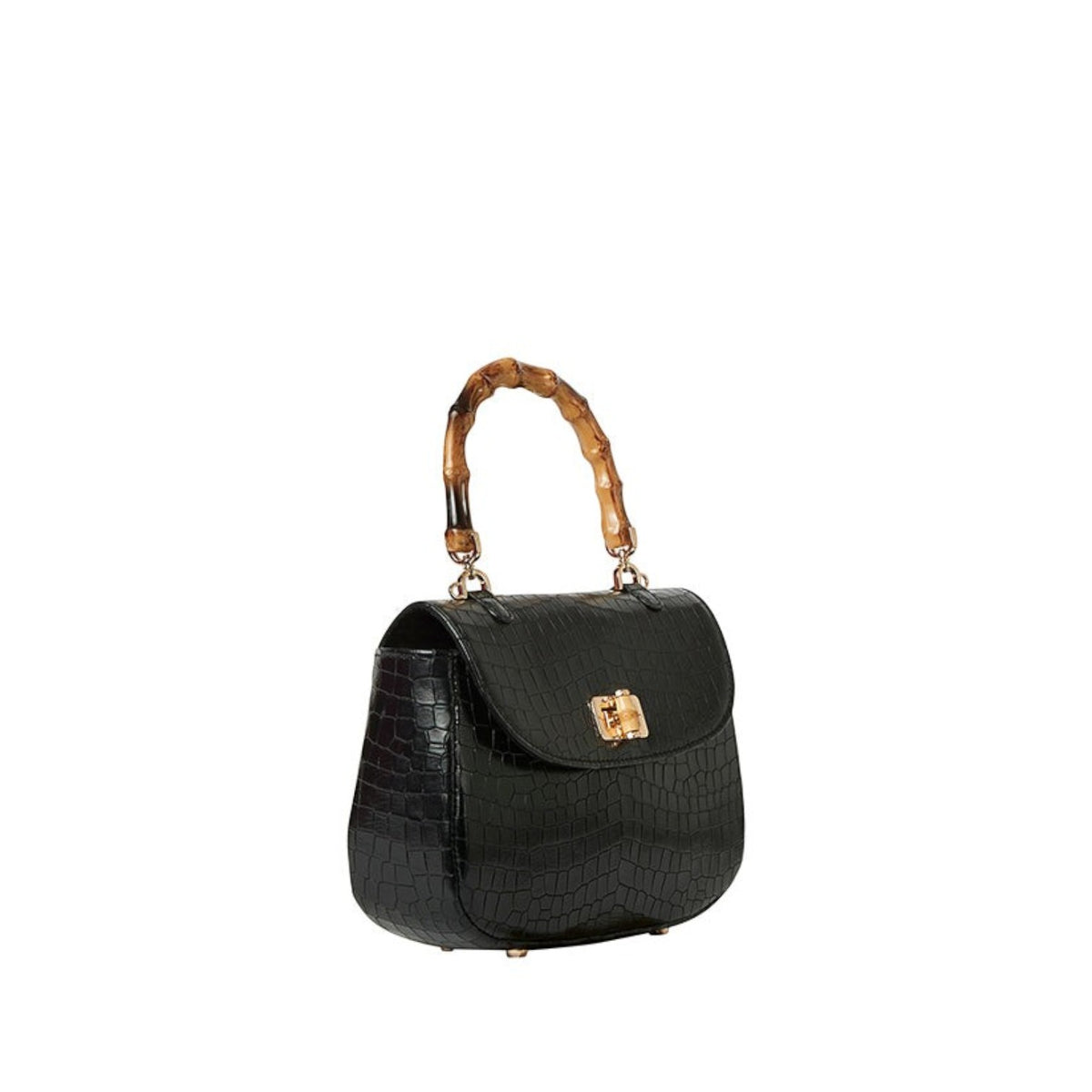 Shop Sarah Stewart Chloe black embossed goat skin suede handbag with a bamboo handle and gold metal closure.