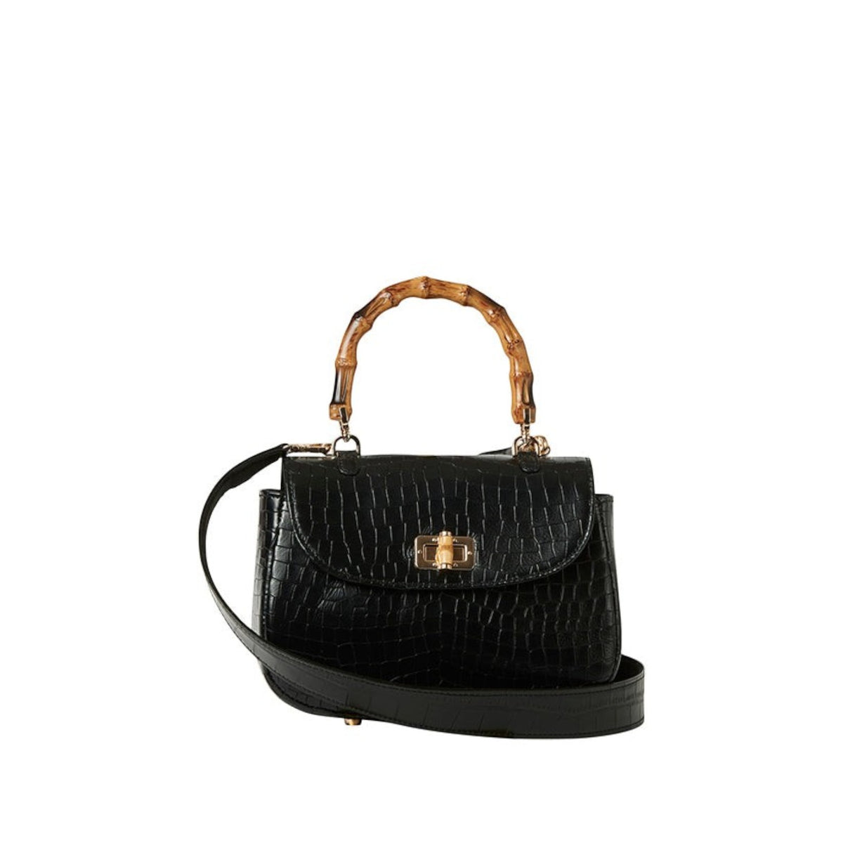 Shop Sarah Stewart black embossed goat skin suede handbag with a bamboo handle and gold bamboo-style closure.