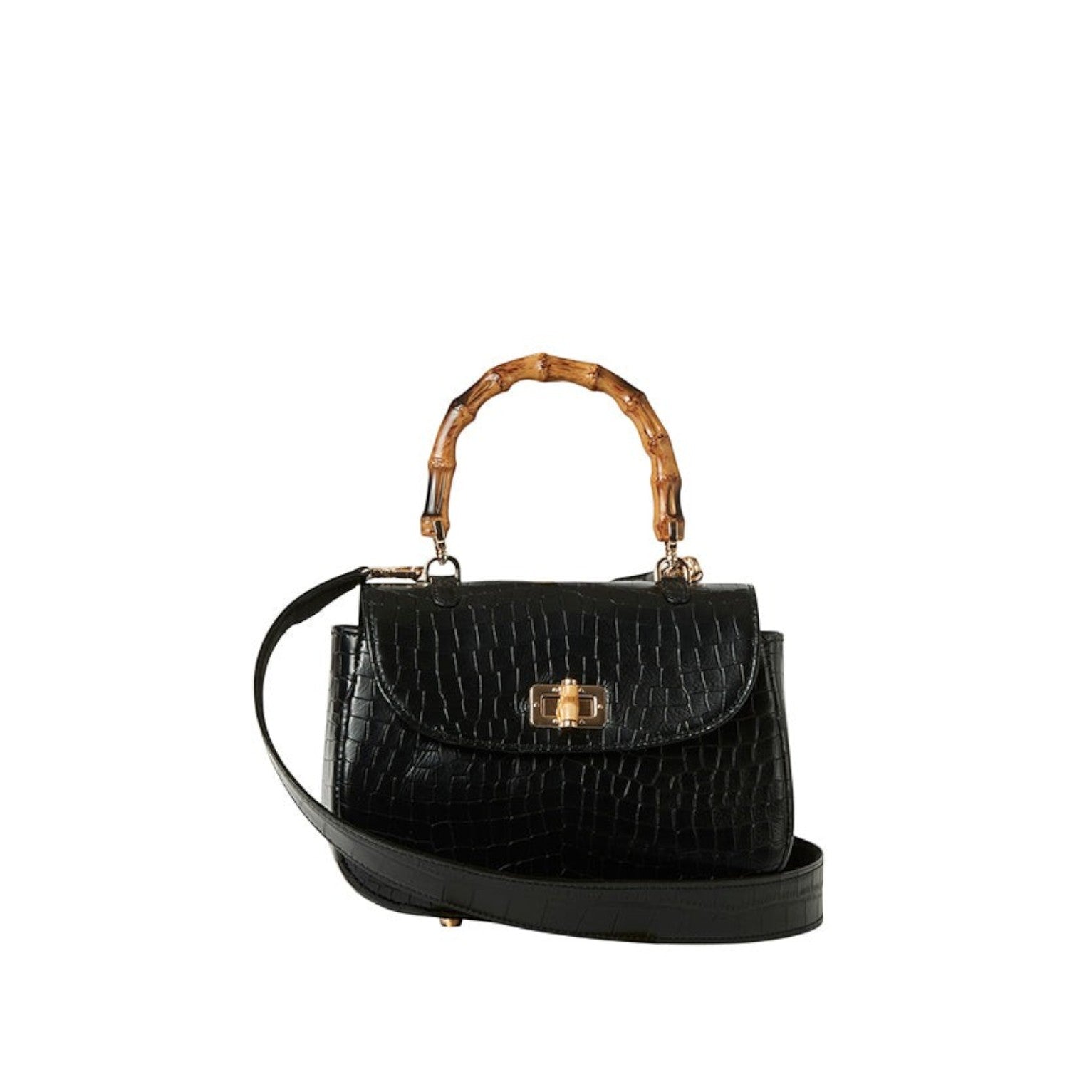 Shop Sarah Stewart black embossed goat skin suede handbag with a bamboo handle and gold bamboo-style closure.