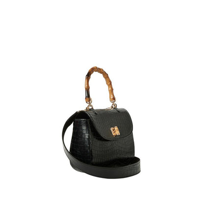 Shop Sarah Stewart black embossed goat skin suede handbag with bamboo handle and gold closure