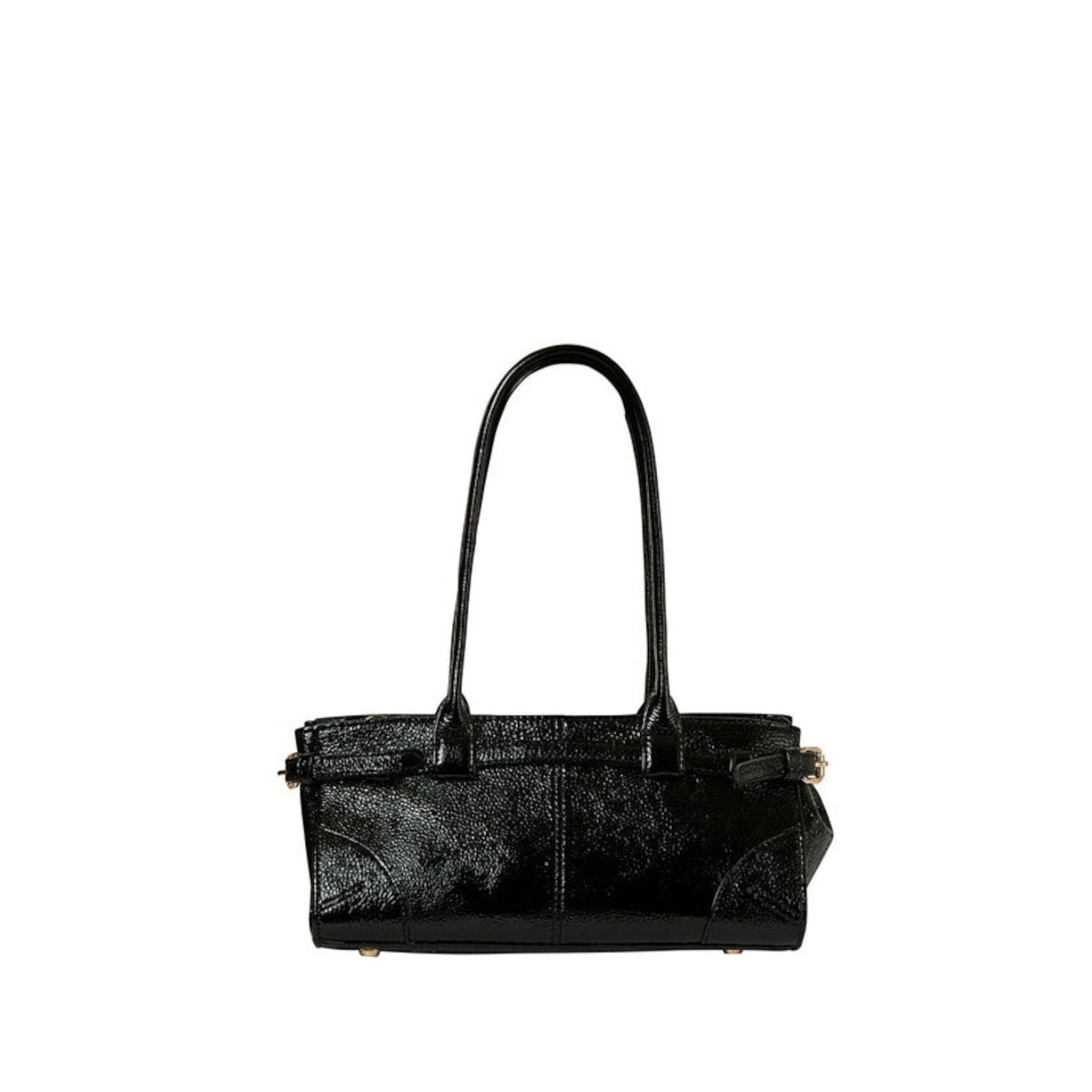 Shop Sarah Stewart black lambskin shoulder bag with a structured silhouette, zipper closure, and metal hardware.