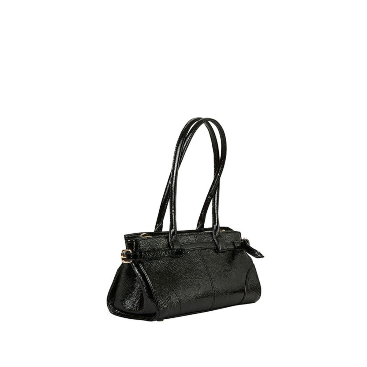 Shop Sarah Stewart black lambskin Paris shoulder bag with zipper closure and suede lining, side view