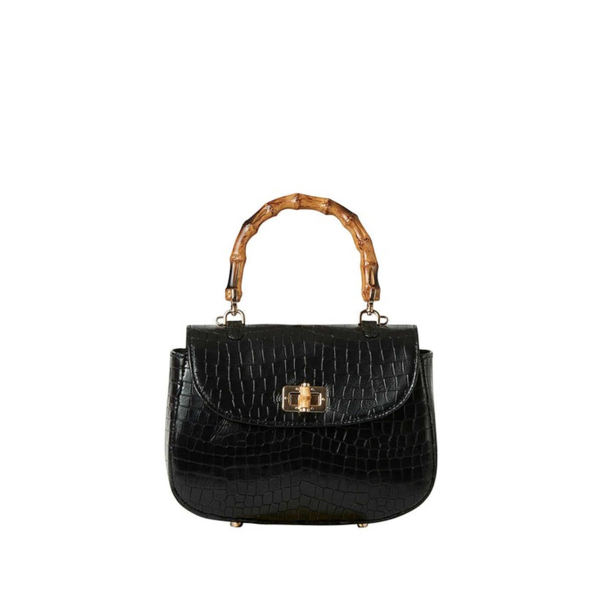 Shop Sarah Stewart The Chloe black embossed goat skin suede handbag with a bamboo handle and gold bamboo closure.