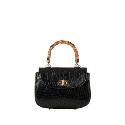 Shop Sarah Stewart The Chloe black embossed goat skin suede handbag with a bamboo handle and gold bamboo closure.