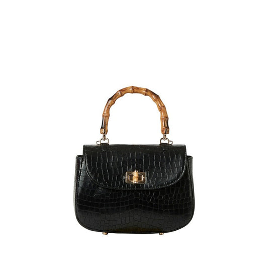 Shop Sarah Stewart The Chloe black embossed goat skin suede handbag with a bamboo handle and gold bamboo closure.
