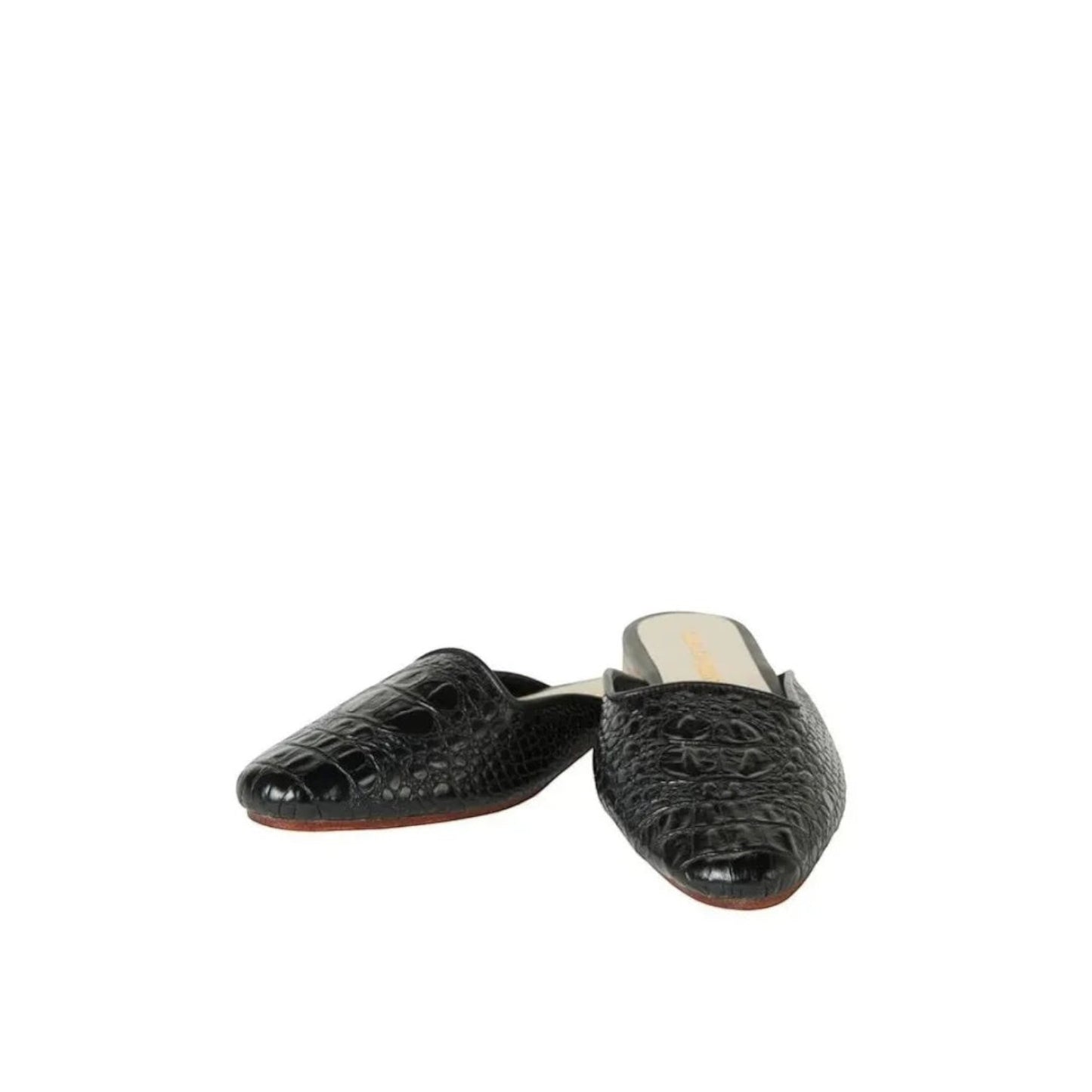 Shop Sarah Stewart black embossed goat skin leather Clara mules with a vintage-inspired square toe design.