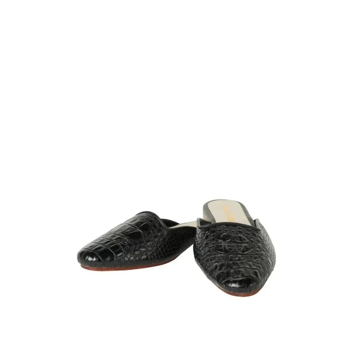 Shop Sarah Stewart black embossed goat skin leather Clara mules with a vintage-inspired square toe design.