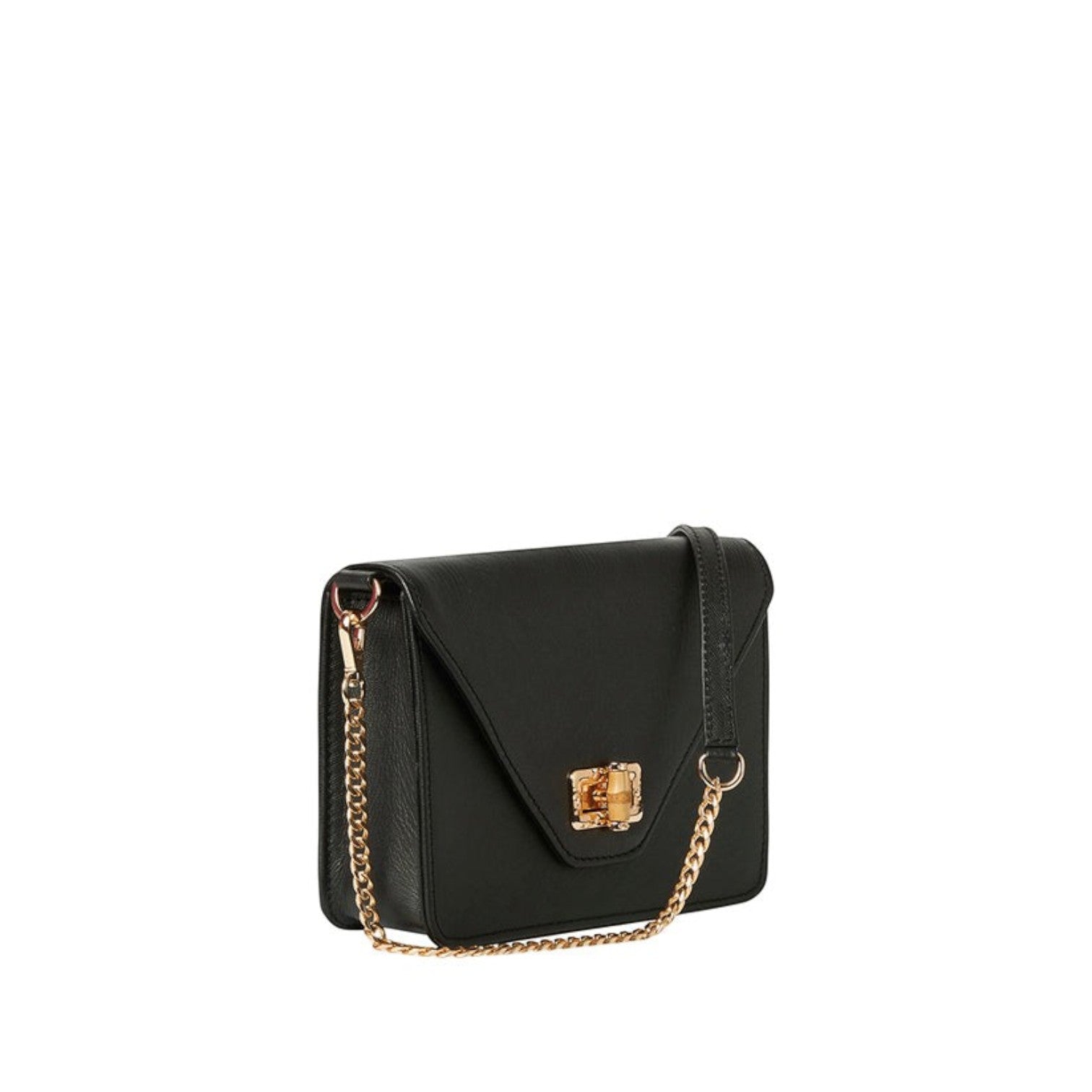 Shop Sarah Stewart The Stacey Stefano black leather shoulder bag with gold chain strap and bamboo hardware closure