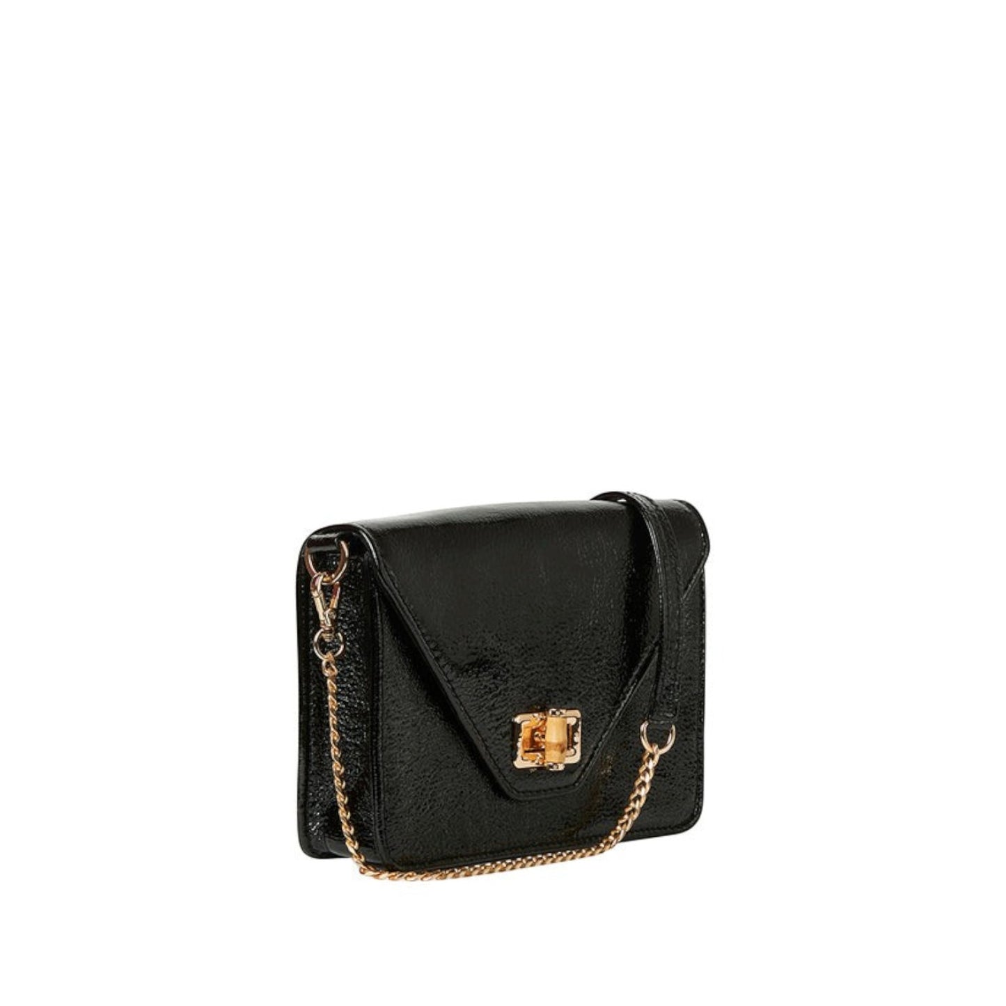 Shop Sarah Stewart The Stacey Patent black crinkled lambskin shoulder bag with bamboo and metal hardware closure.