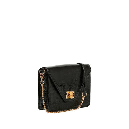 Shop Sarah Stewart The Stacey Patent black crinkled lambskin shoulder bag with bamboo and metal hardware closure.