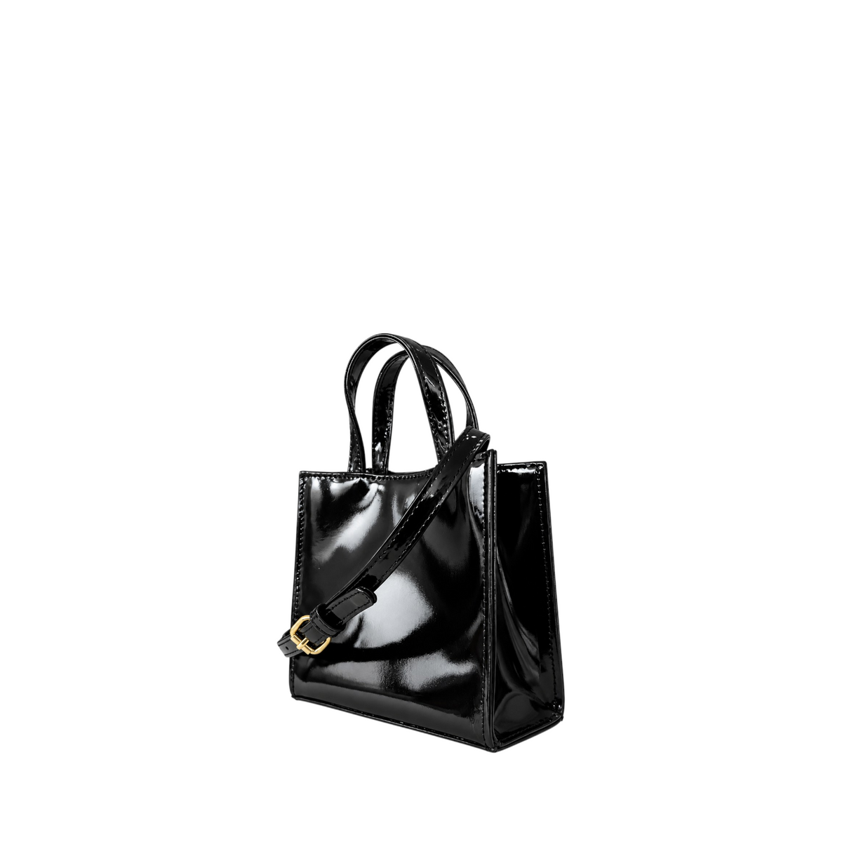 Shop Sarah Stewart black patent leather mini tote with gold hardware, structured top handles, and shoulder strap.