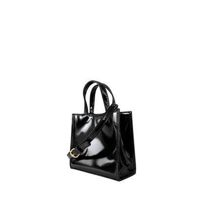 Shop Sarah Stewart black patent leather mini tote with gold hardware, structured top handles, and shoulder strap.