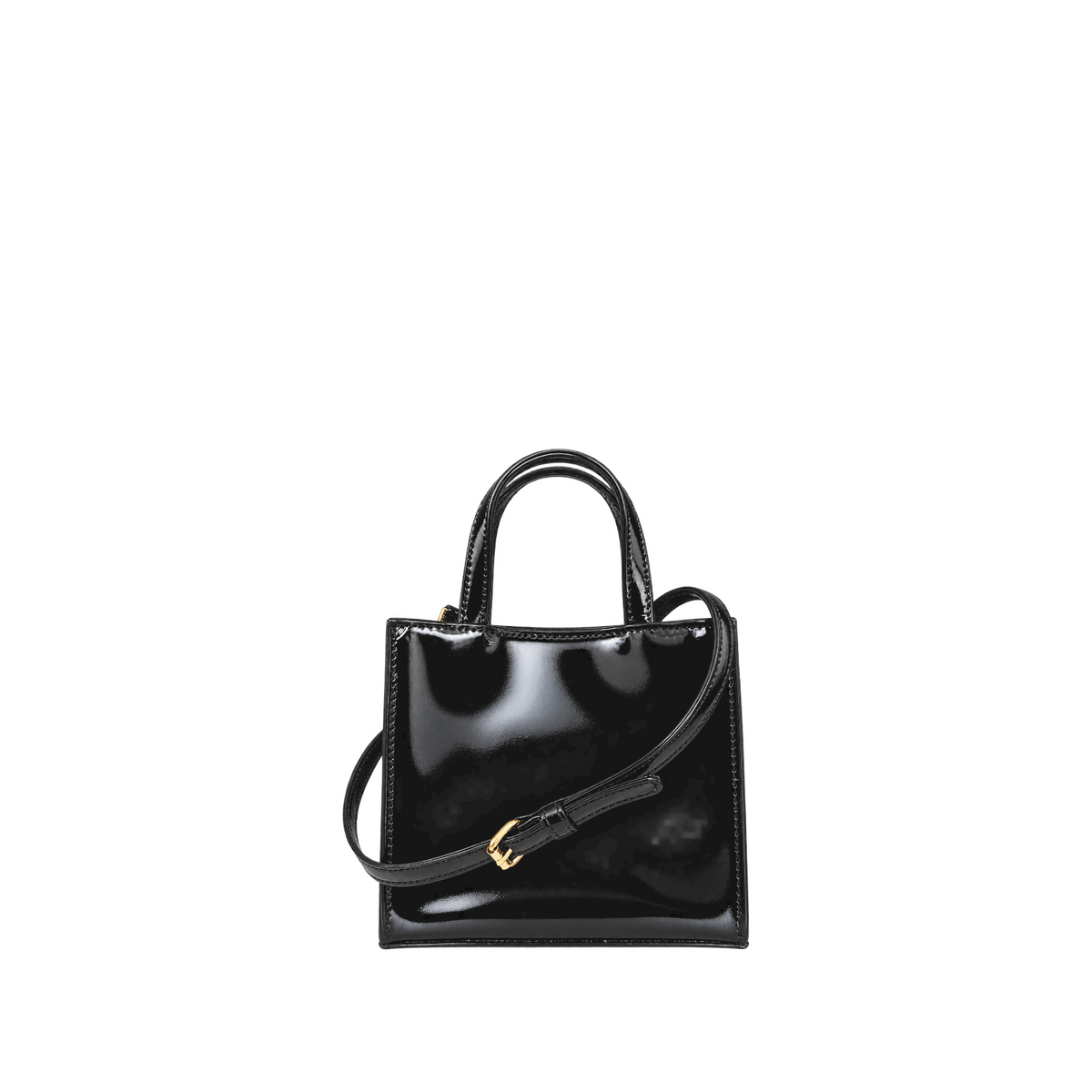 Shop Sarah Stewart black patent leather mini tote with gold hardware and adjustable shoulder strap in a boutique.