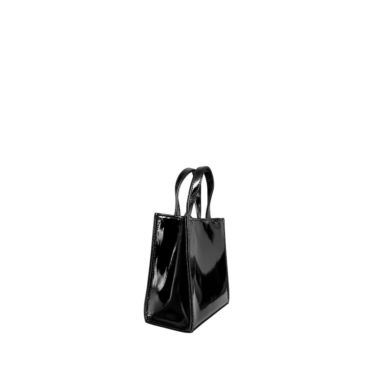 Shop Sarah Stewart black patent leather mini tote handbag with a high-shine finish and structured top handles.