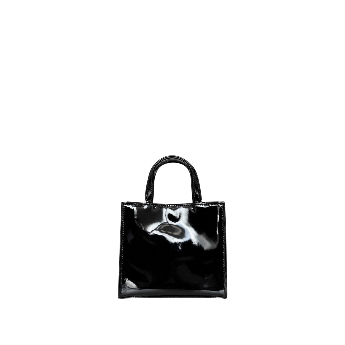 Shop Sarah Stewart black patent leather mini tote handbag with a high-shine finish and structured square silhouette.