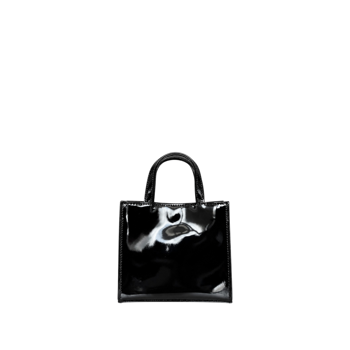 Shop Sarah Stewart black patent leather mini tote with a high-shine finish and structured top handle design.