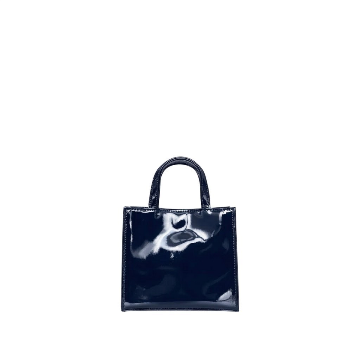 Shop Sarah Stewart Addie mini handbag in glossy black patent leather with a structured square silhouette.