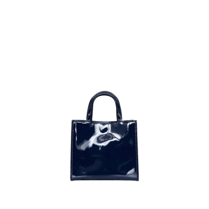 Shop Sarah Stewart Addie mini handbag in glossy black patent leather with a structured square silhouette.
