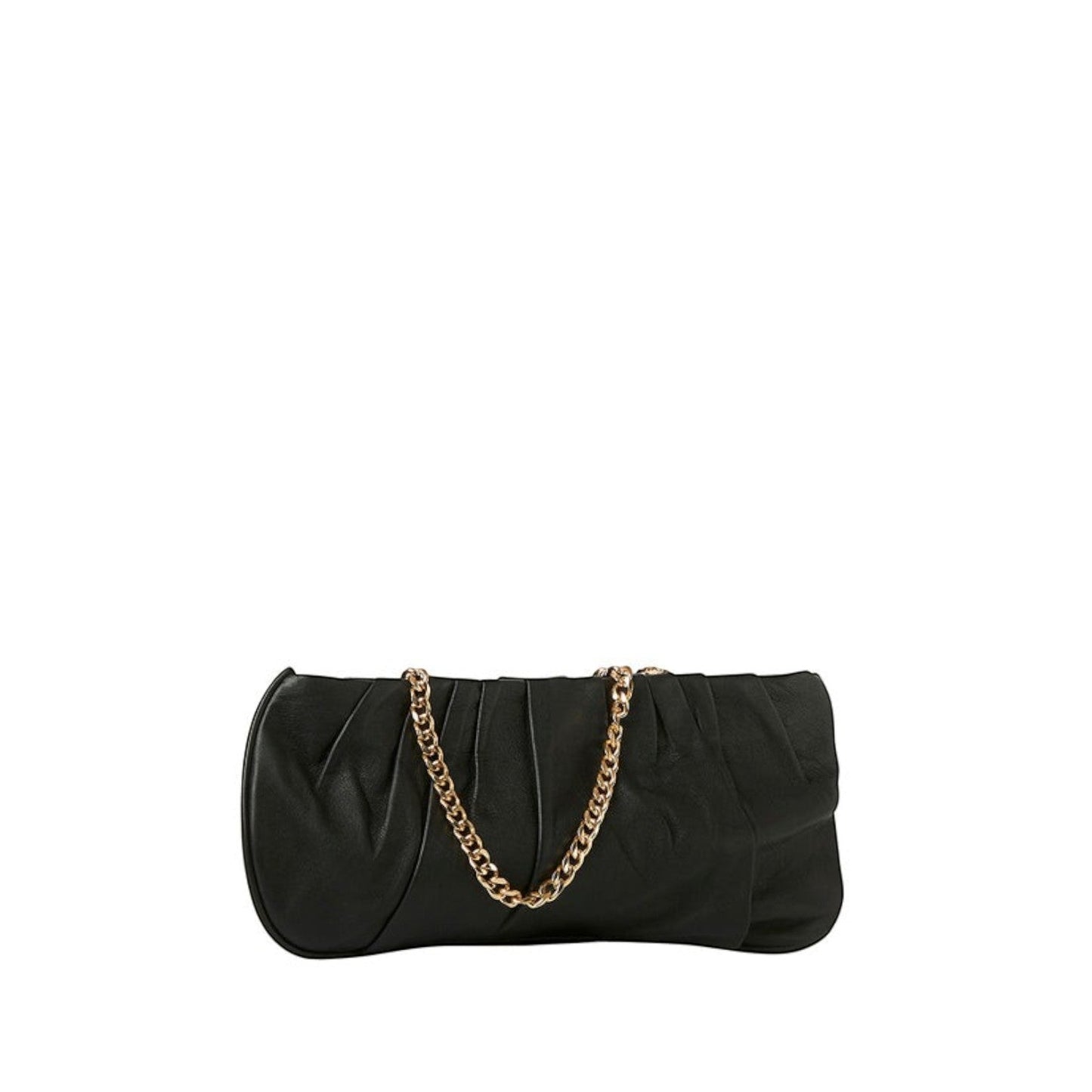 Shop Sarah Stewart Amina black pleated lambskin leather clutch with gold-tone chain strap