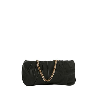 Shop Sarah Stewart Amina black pleated lambskin leather clutch with gold-tone chain strap
