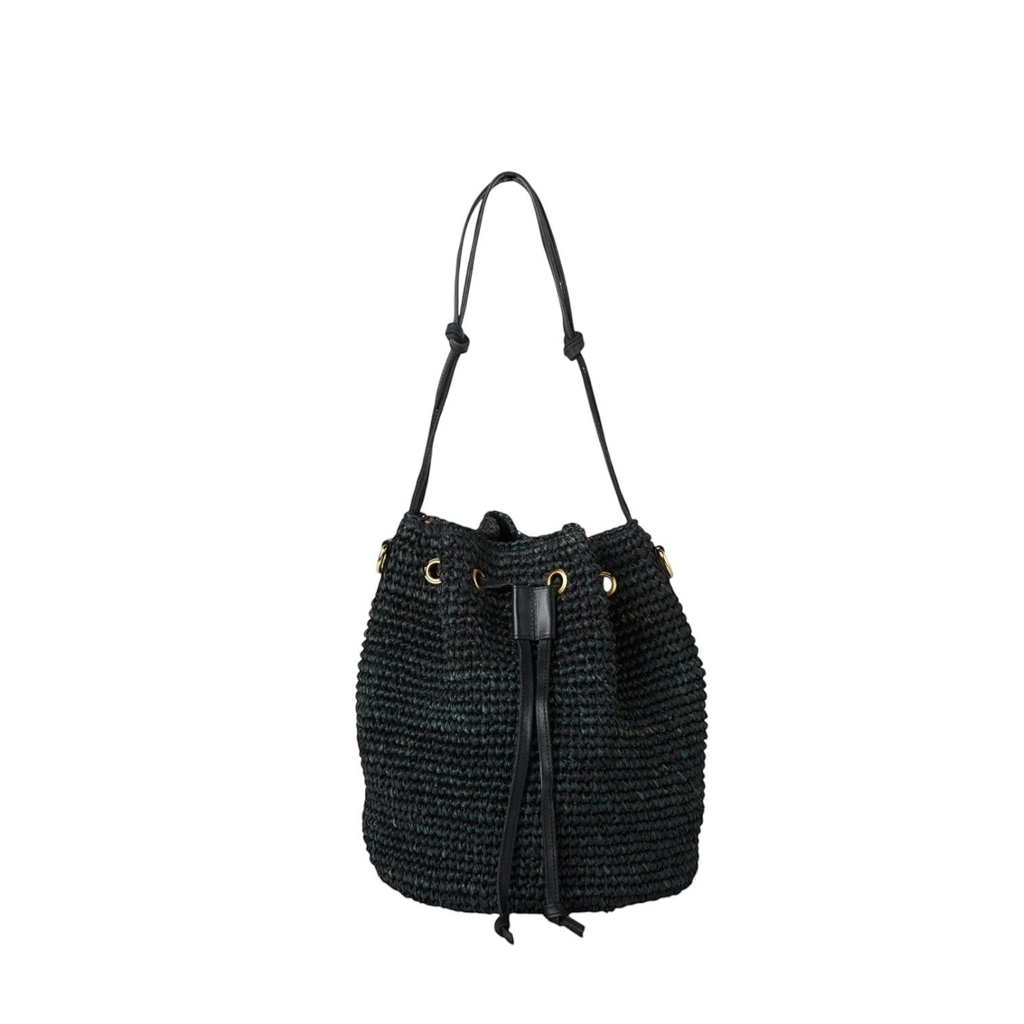 Shop Sarah Stewart black raffia bucket bag with leather drawstring and gold hardware. Includes short handle and crossbody strap.