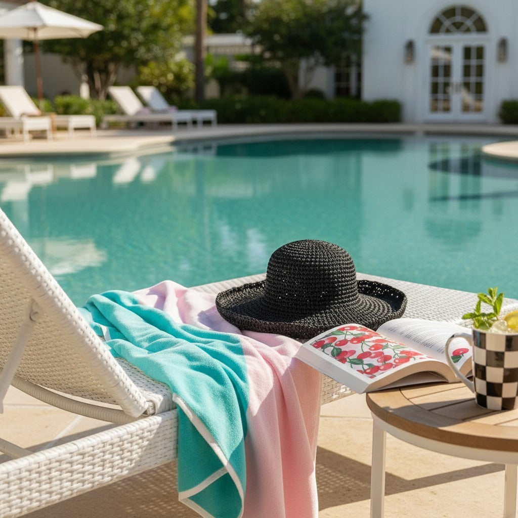 Shop Sarah Stewart Sydney Sun Hat in black raffia resting on a poolside lounge chair with a towel and book.