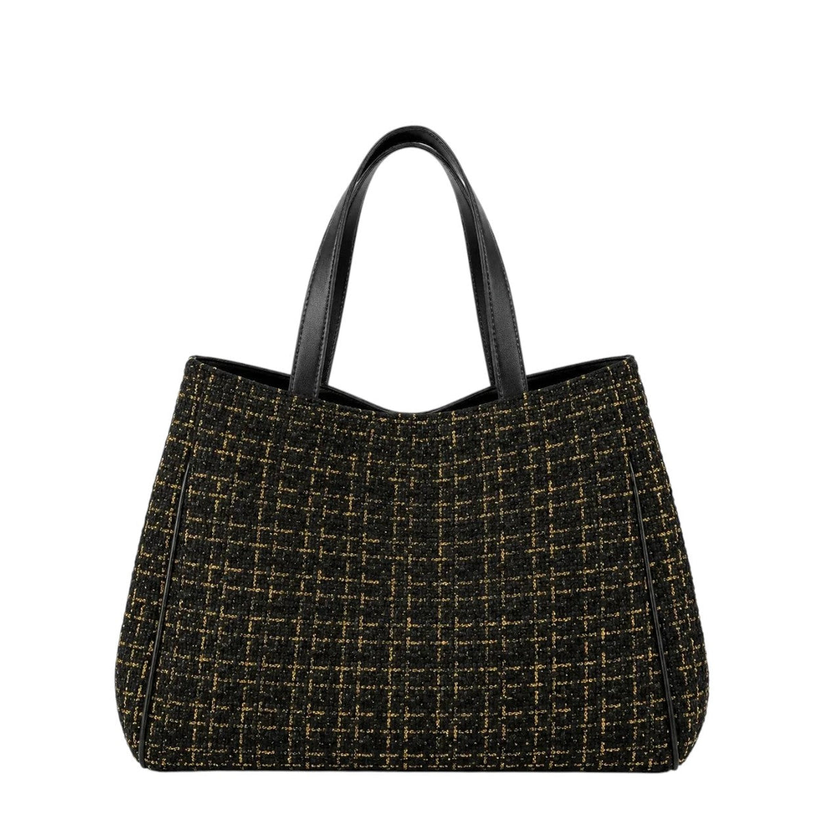 Shop Sarah Stewart Delilah tweed tote bag in black with gold metallic thread and black leather handles.