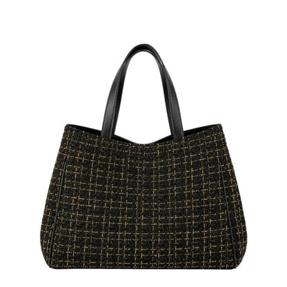 Shop Sarah Stewart Delilah tweed tote bag in black with gold metallic thread and black leather handles.