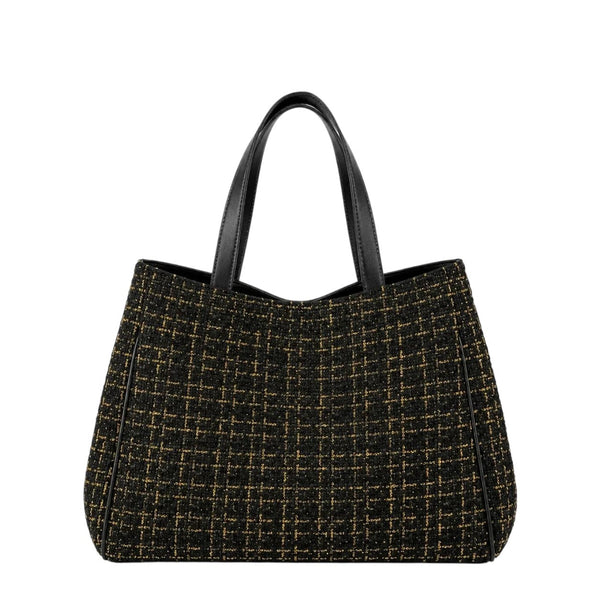 Shop Sarah Stewart Delilah tweed tote bag in black with gold metallic thread and black leather handles.