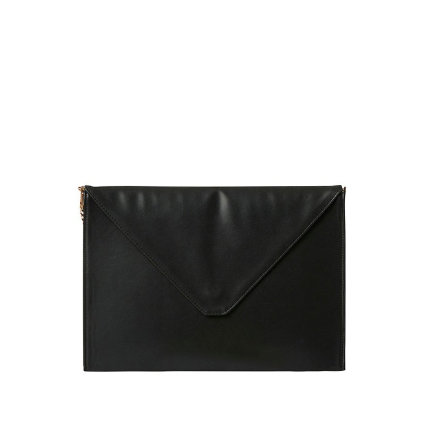 Shop Sarah Stewart black vegan leather laptop clutch with an envelope flap and gold chain strap