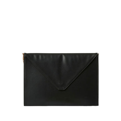 Shop Sarah Stewart black vegan leather laptop clutch with an envelope flap and gold chain strap
