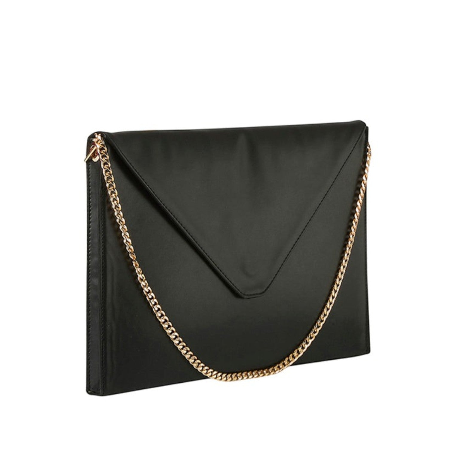 Shop Sarah Stewart black vegan leather laptop clutch with a gold chain shoulder strap and envelope flap design.