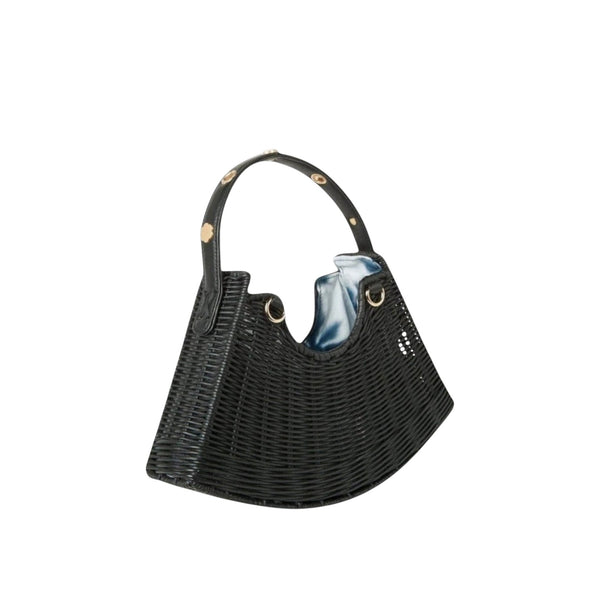 Shop Sarah Stewart Tati crescent bag in black wicker with a lambskin leather handle and gold floral accents.