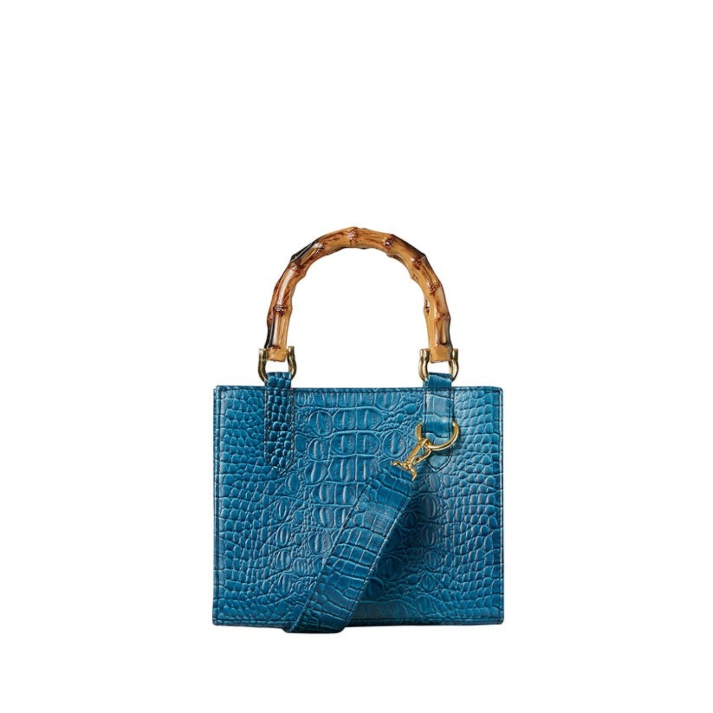Shop Sarah Stewart Clara mini handbag in blue embossed goat skin with bamboo handles and gold hardware