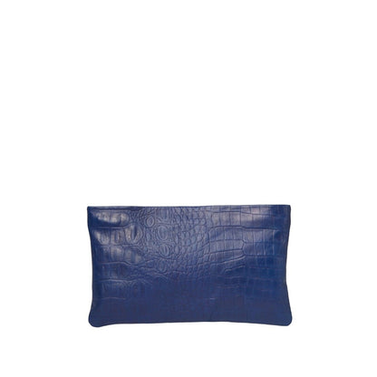 Shop Sarah Stewart The Penelope blue lambskin leather clutch with a croc-embossed texture and zipper closure.