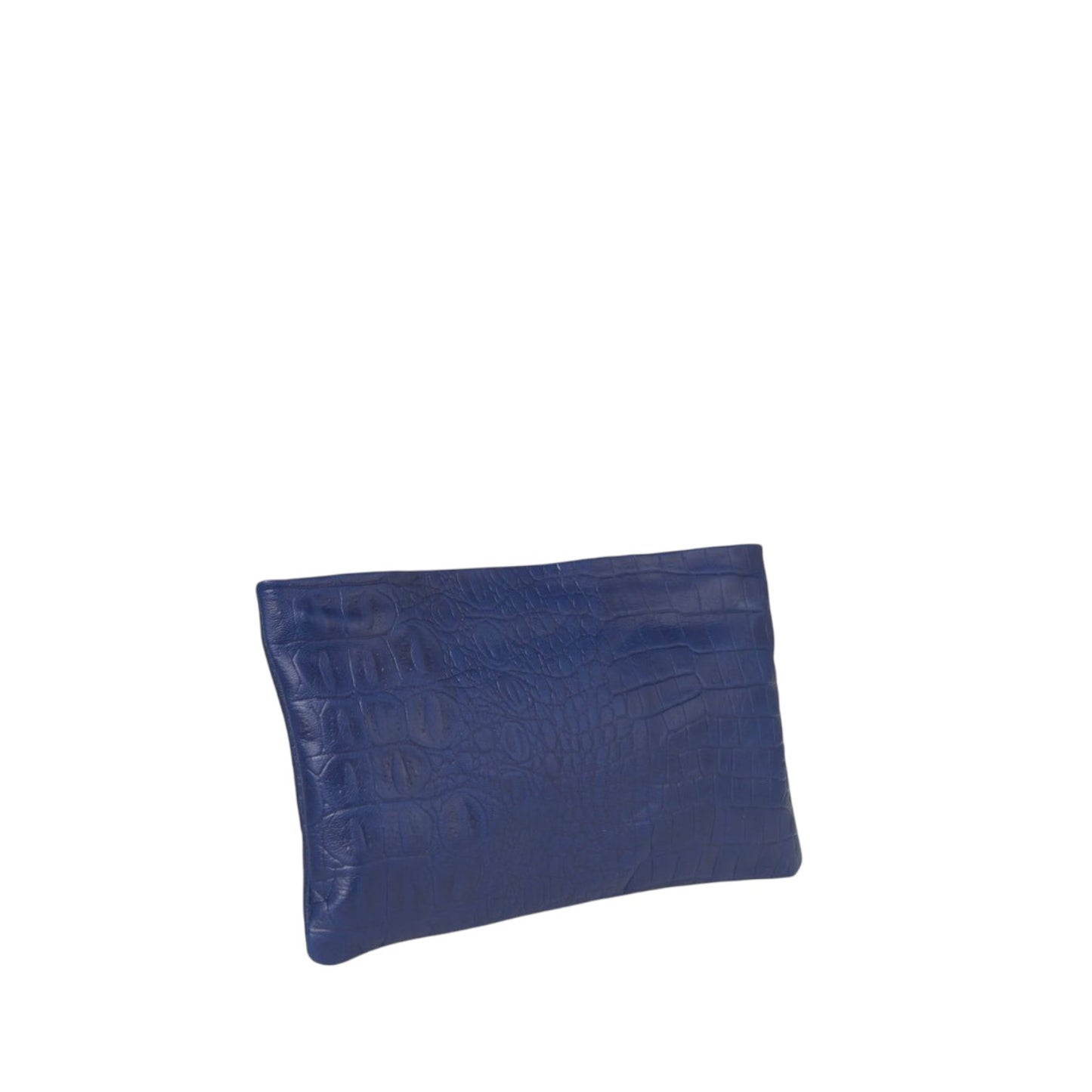 Shop Sarah Stewart The Penelope blue lambskin leather clutch with a croc-embossed texture and zipper closure.