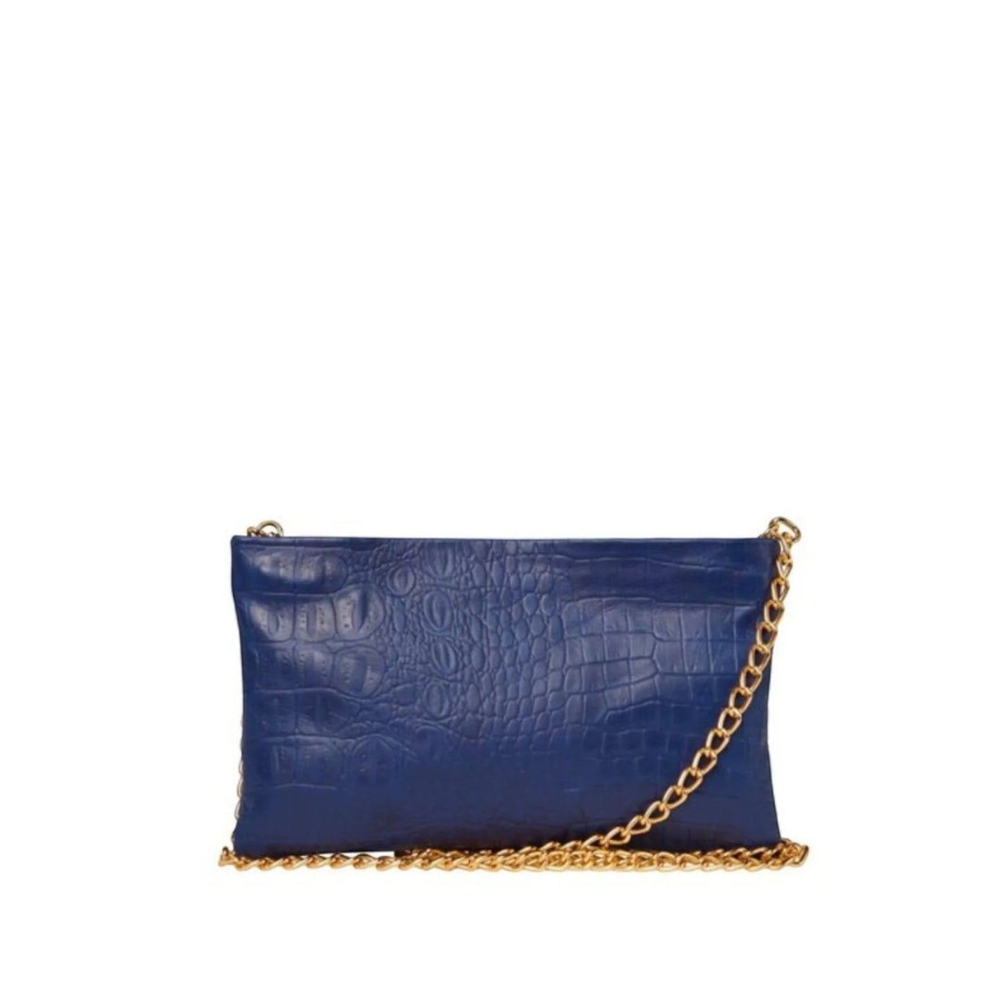 Shop Sarah Stewart blue lambskin leather croc-embossed clutch with gold chain strap and suede interior