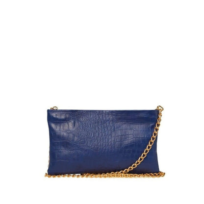 Shop Sarah Stewart blue lambskin leather croc-embossed clutch with gold chain strap and suede interior