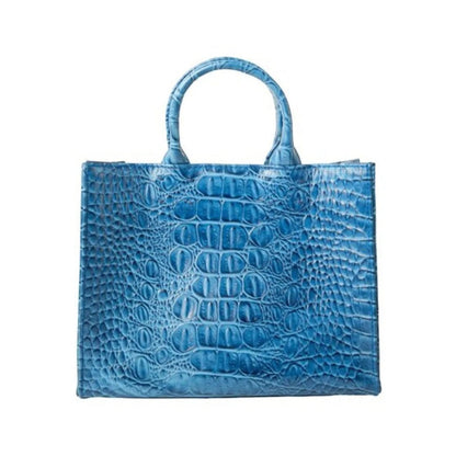 Shop Sarah Stewart Adelaide blue handbag in embossed goat skin leather with a classic structured tote design