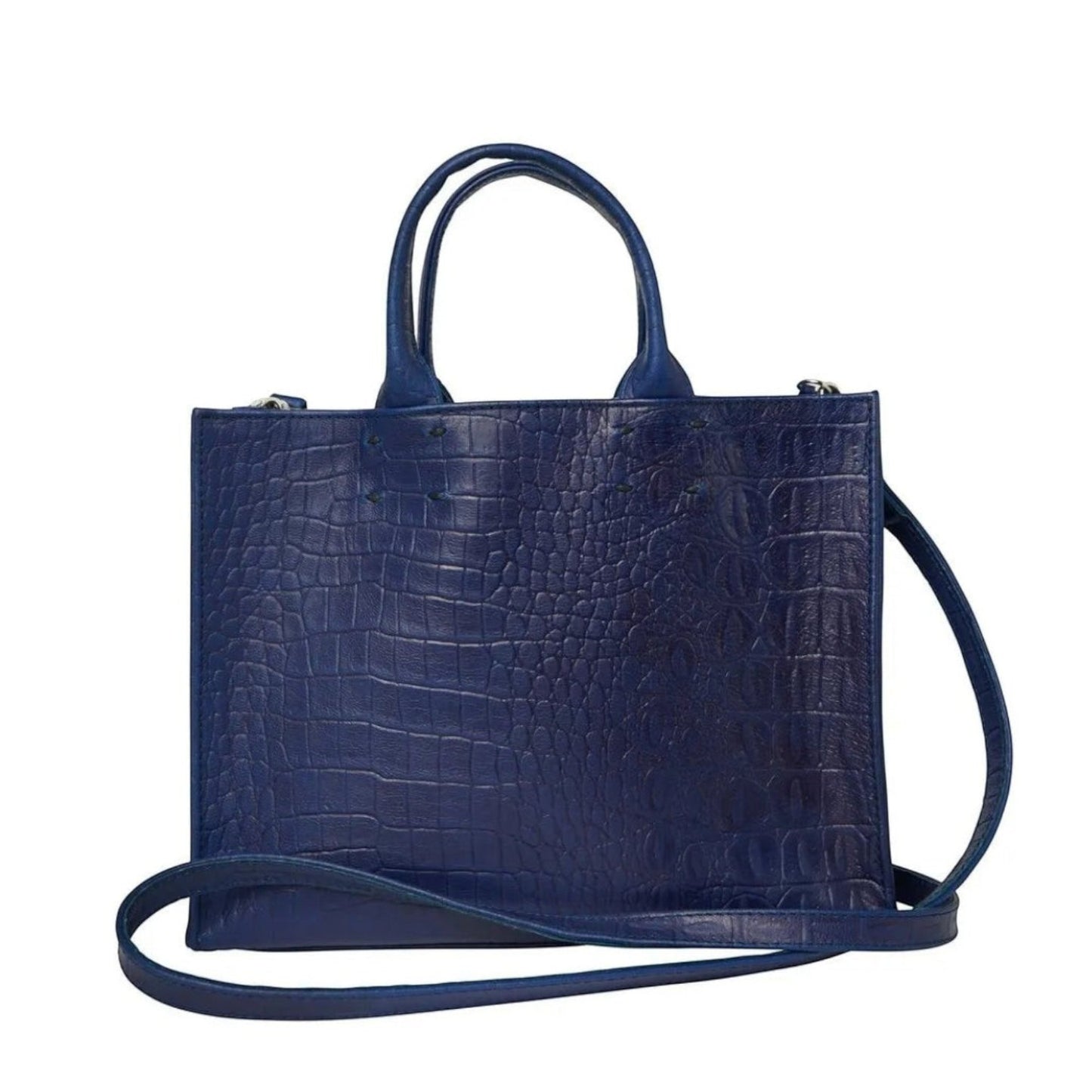 Shop Sarah Stewart Adelaide handbag in blue embossed goat skin leather with a detachable crossbody strap