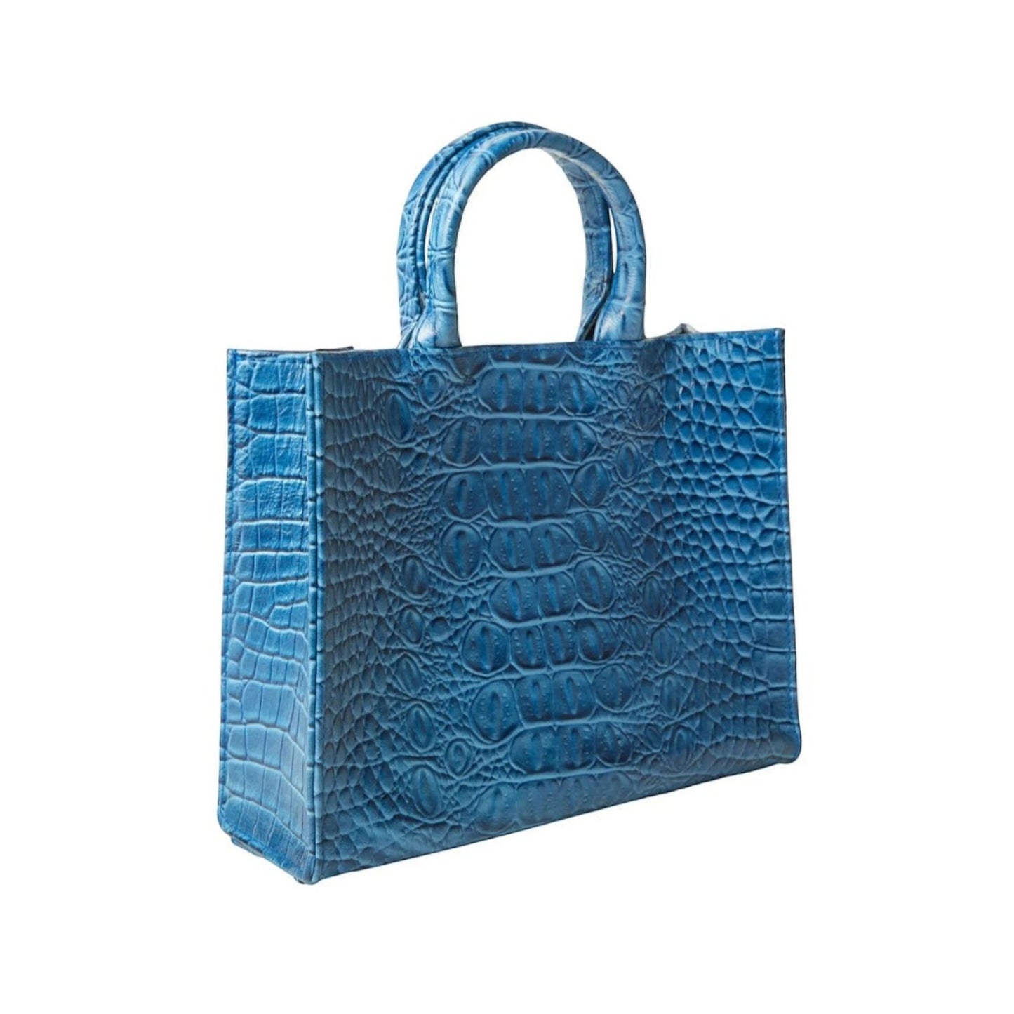 Shop Sarah Stewart blue embossed goat skin leather Adelaide handbag with croc texture and sturdy top handles