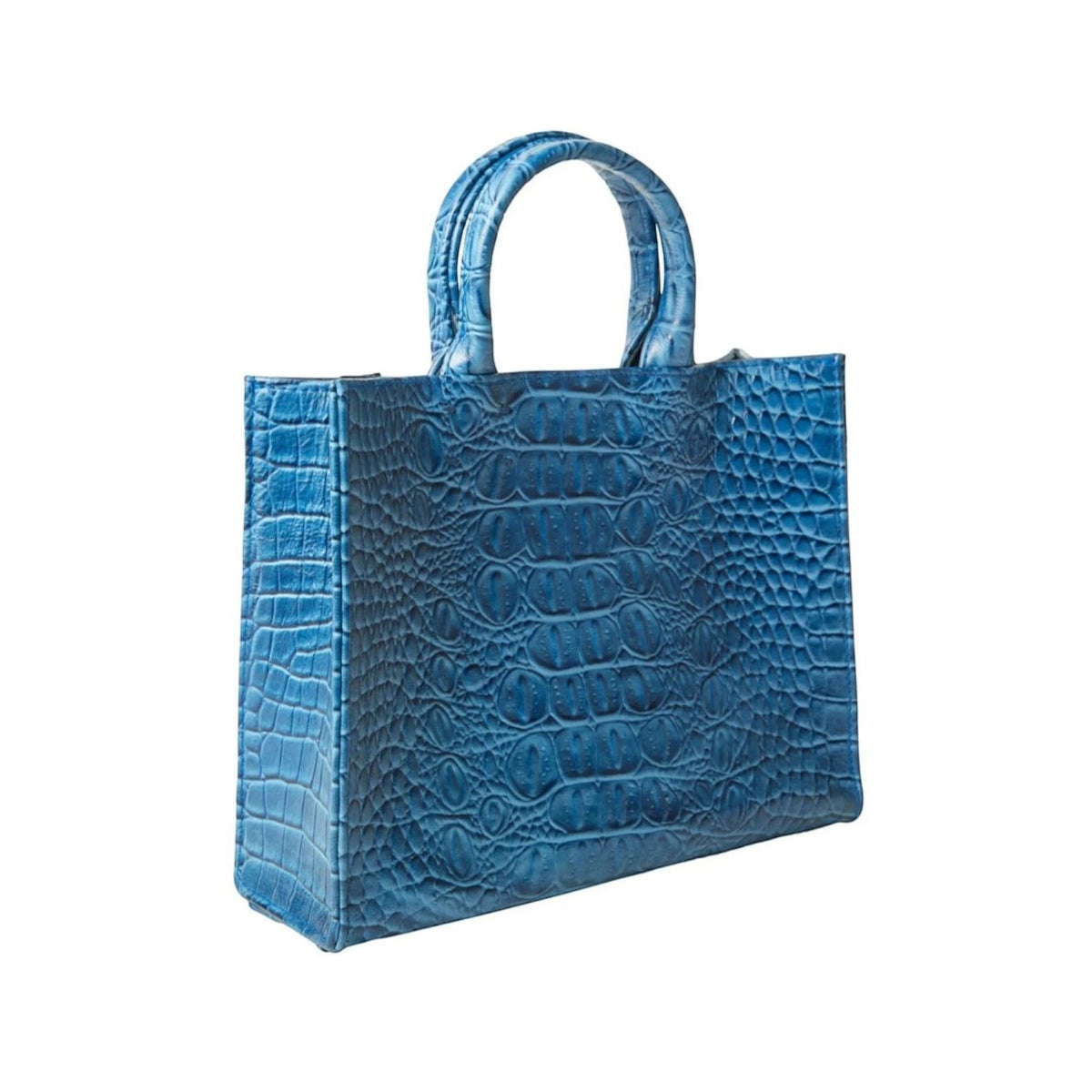 Shop Sarah Stewart blue embossed goat skin leather Adelaide handbag with croc texture and sturdy top handles