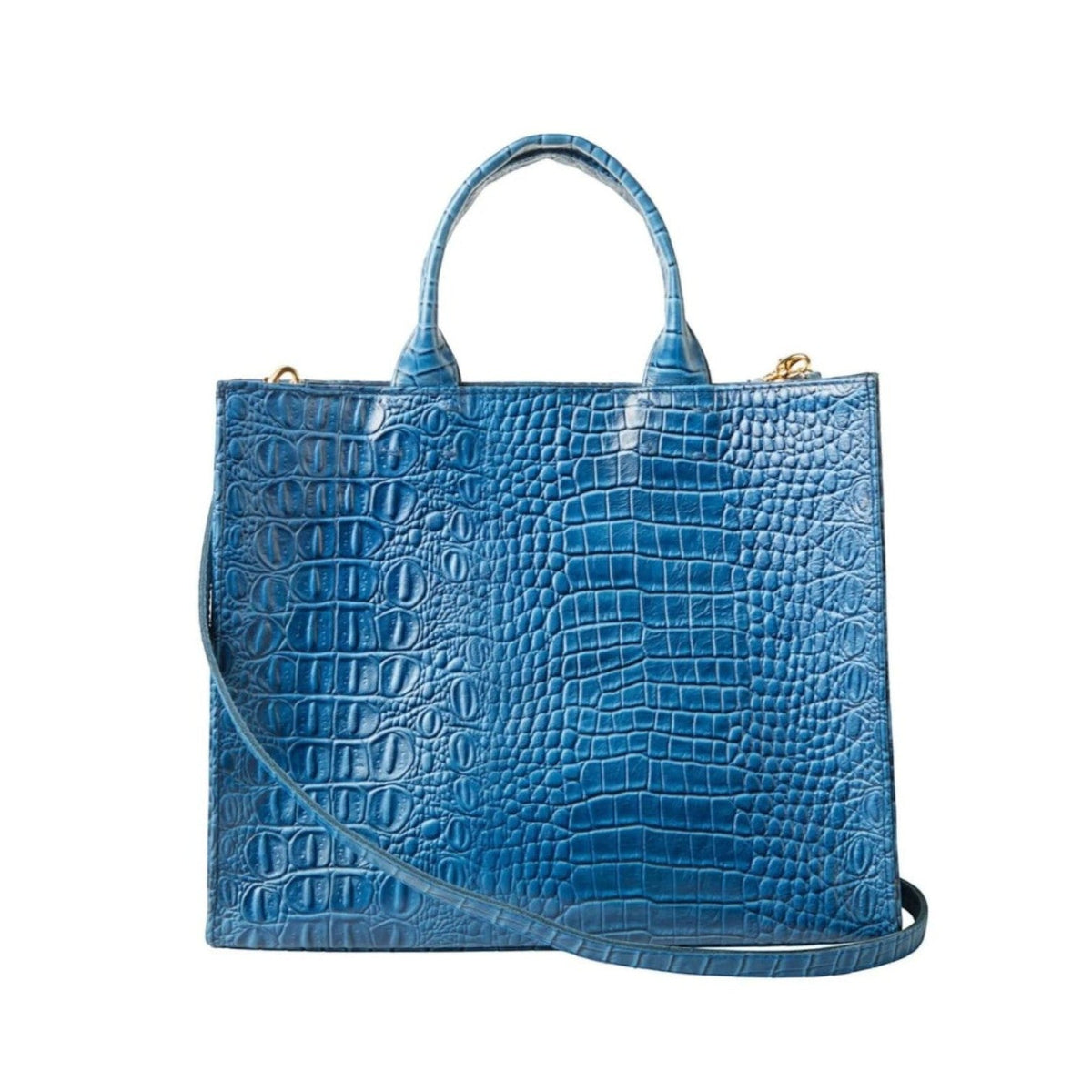 Shop Sarah Stewart blue croc-embossed lambskin leather Adele handbag with structured silhouette and shoulder strap