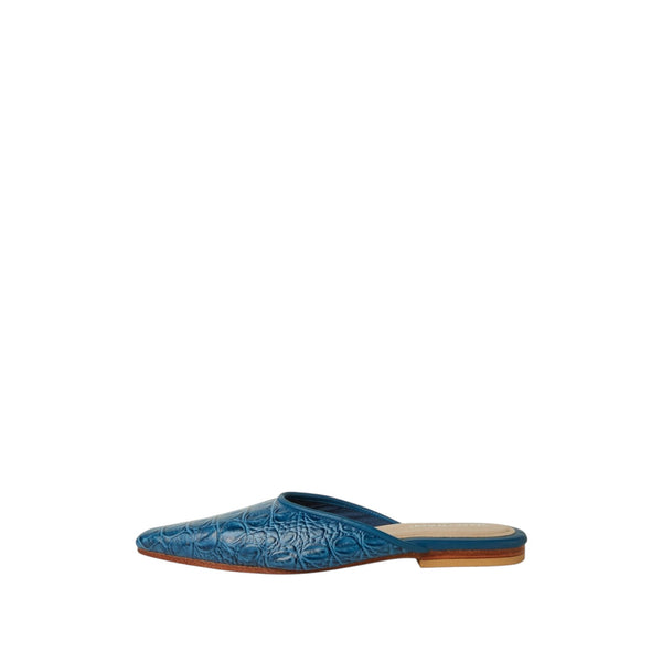 Shop Sarah Stewart blue crocodile printed leather pointed-toe mule flat with slip-on design