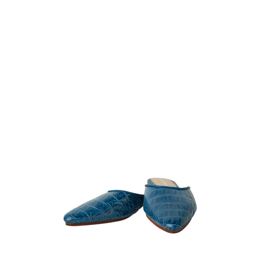 Shop Sarah Stewart blue crocodile printed leather pointed-toe mule flats for women