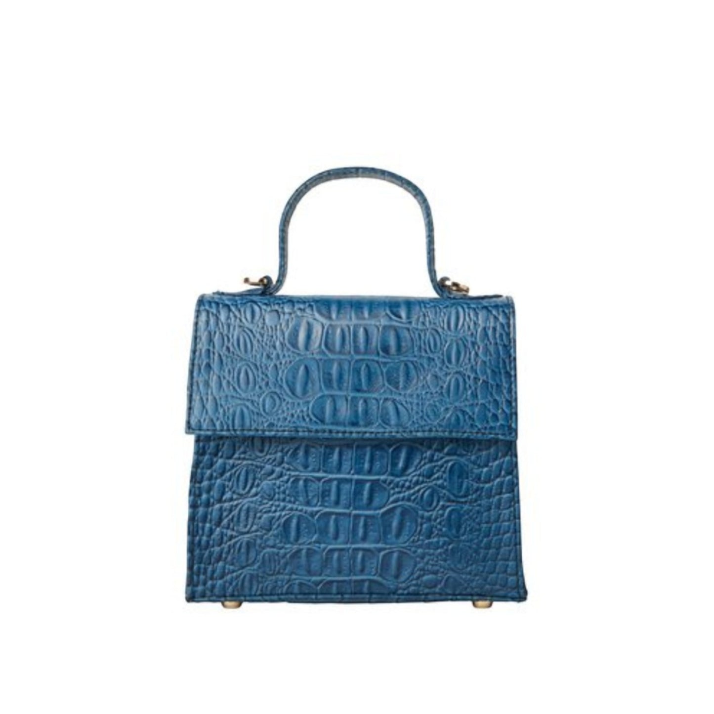 Shop Sarah Stewart blue goat skin leather handbag with crocodile pattern and gold hardware details.