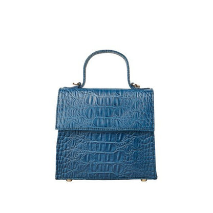 Shop Sarah Stewart blue goat skin leather handbag with crocodile pattern and gold hardware details.