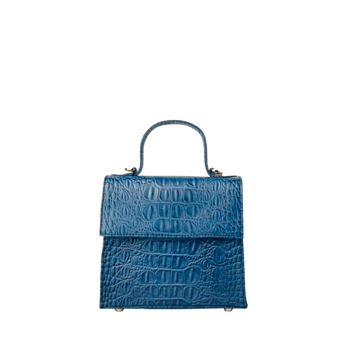 Shop Sarah Stewart blue goat skin leather handbag with crocodile pattern and gold hardware details.