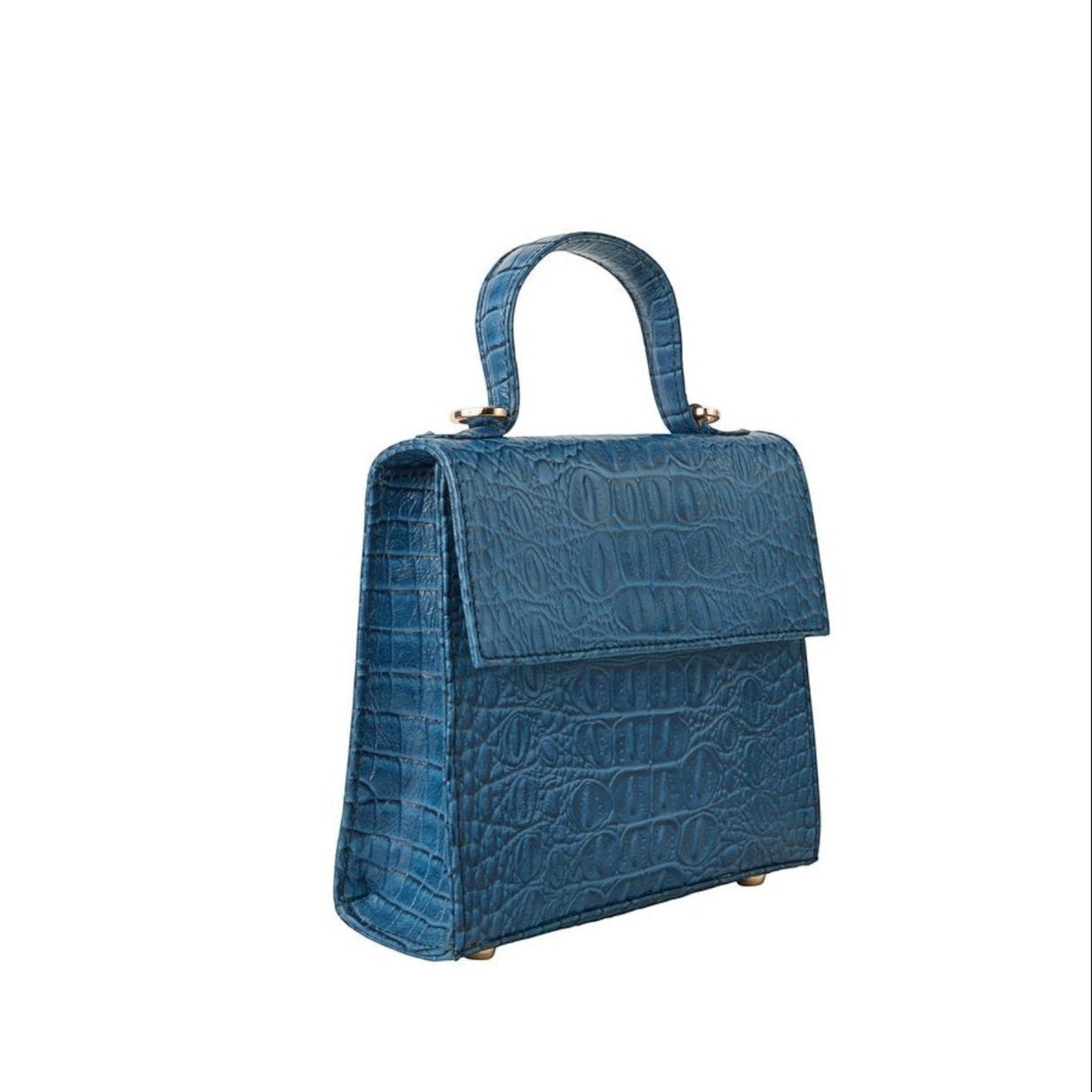 Shop Sarah Stewart The Robin blue goat skin leather handbag with crocodile pattern and gold hardware